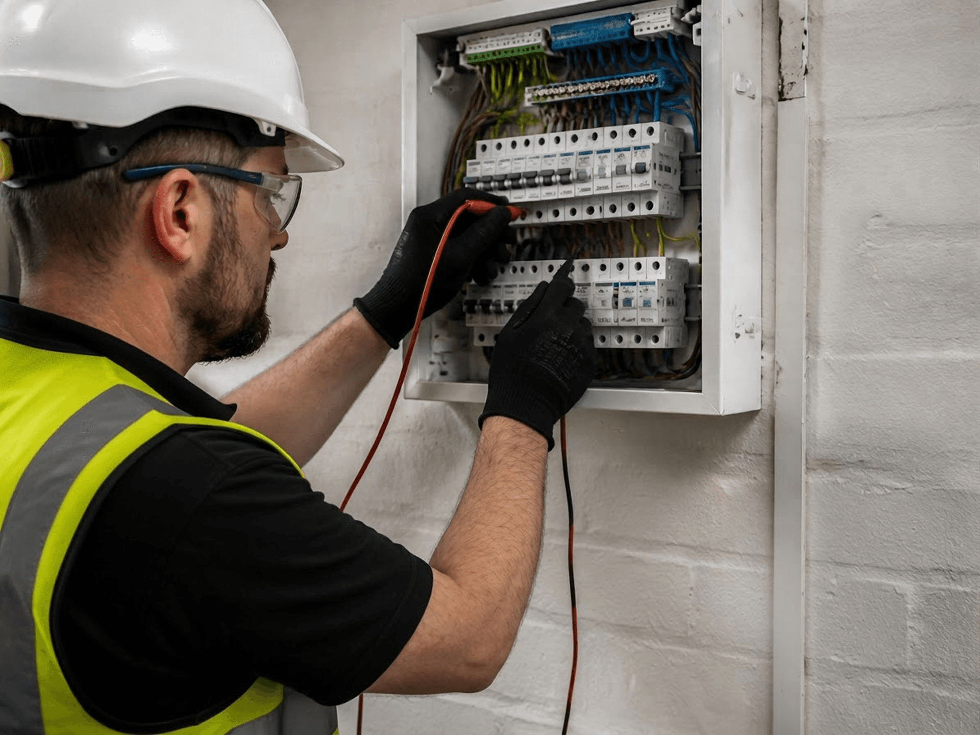 Electrician testing a consumer unit with a multimeter