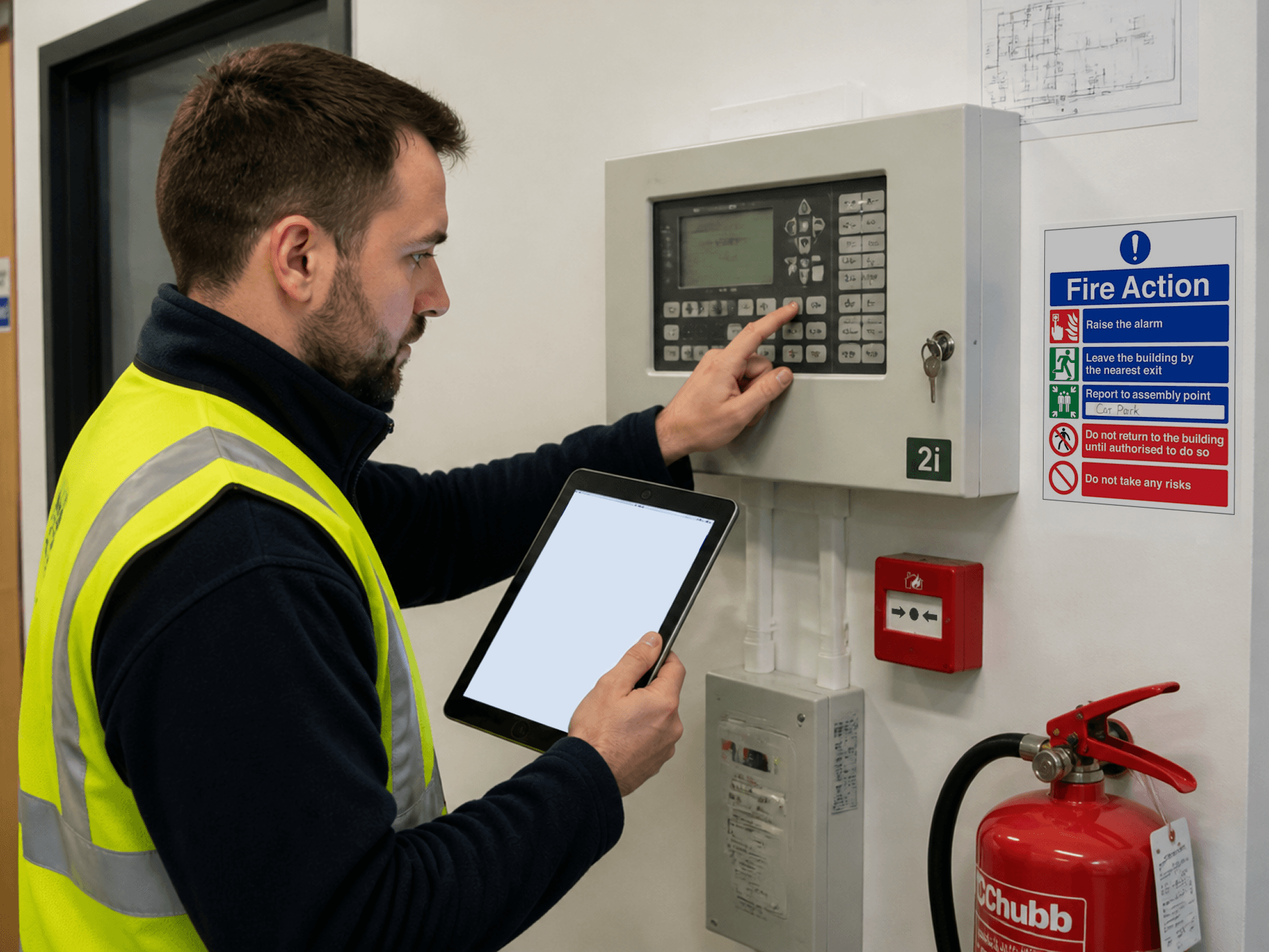 Fire safety engineer testing an alarm panel