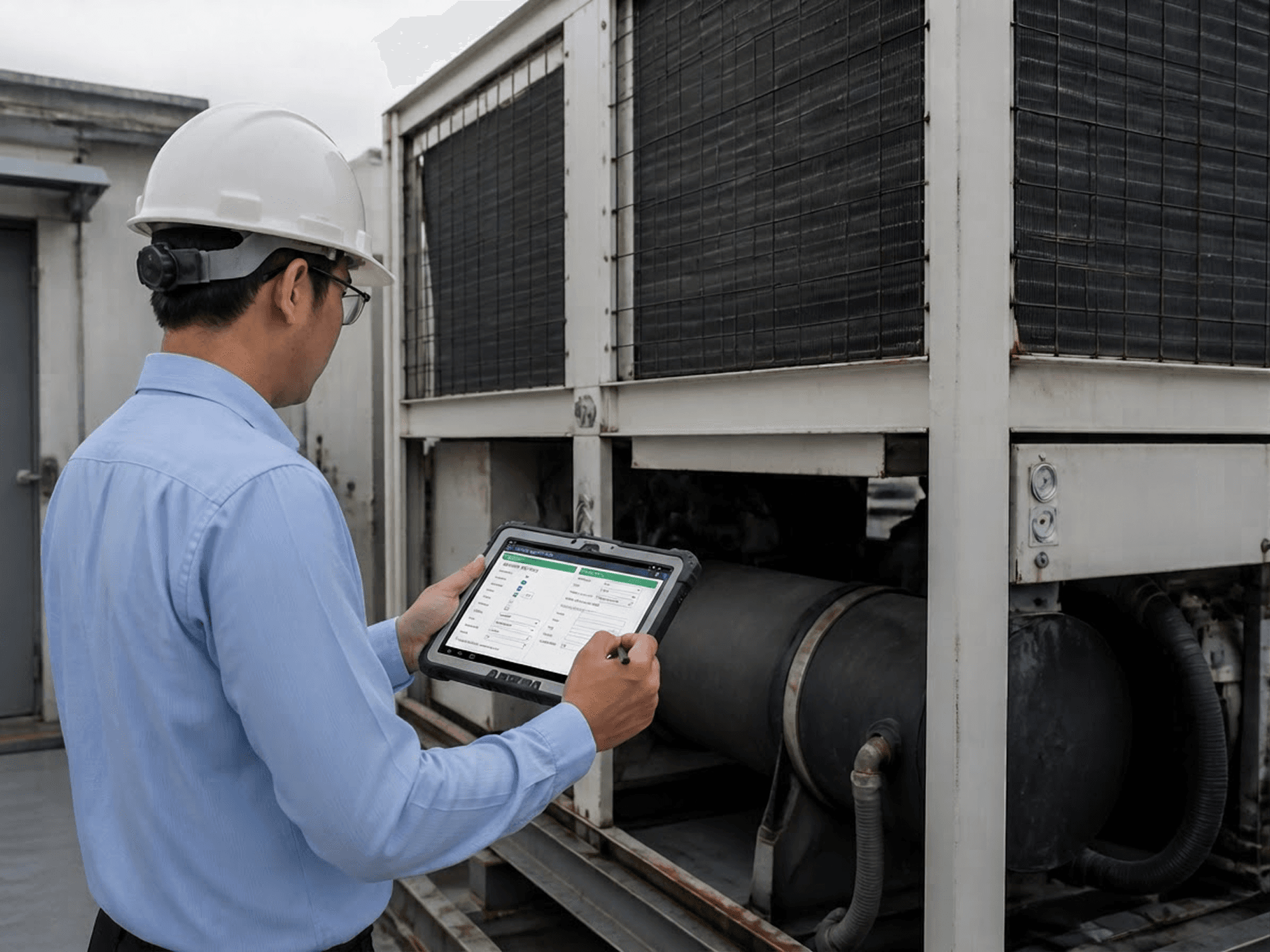 Engineer inspecting a rooftop HVAC unit
