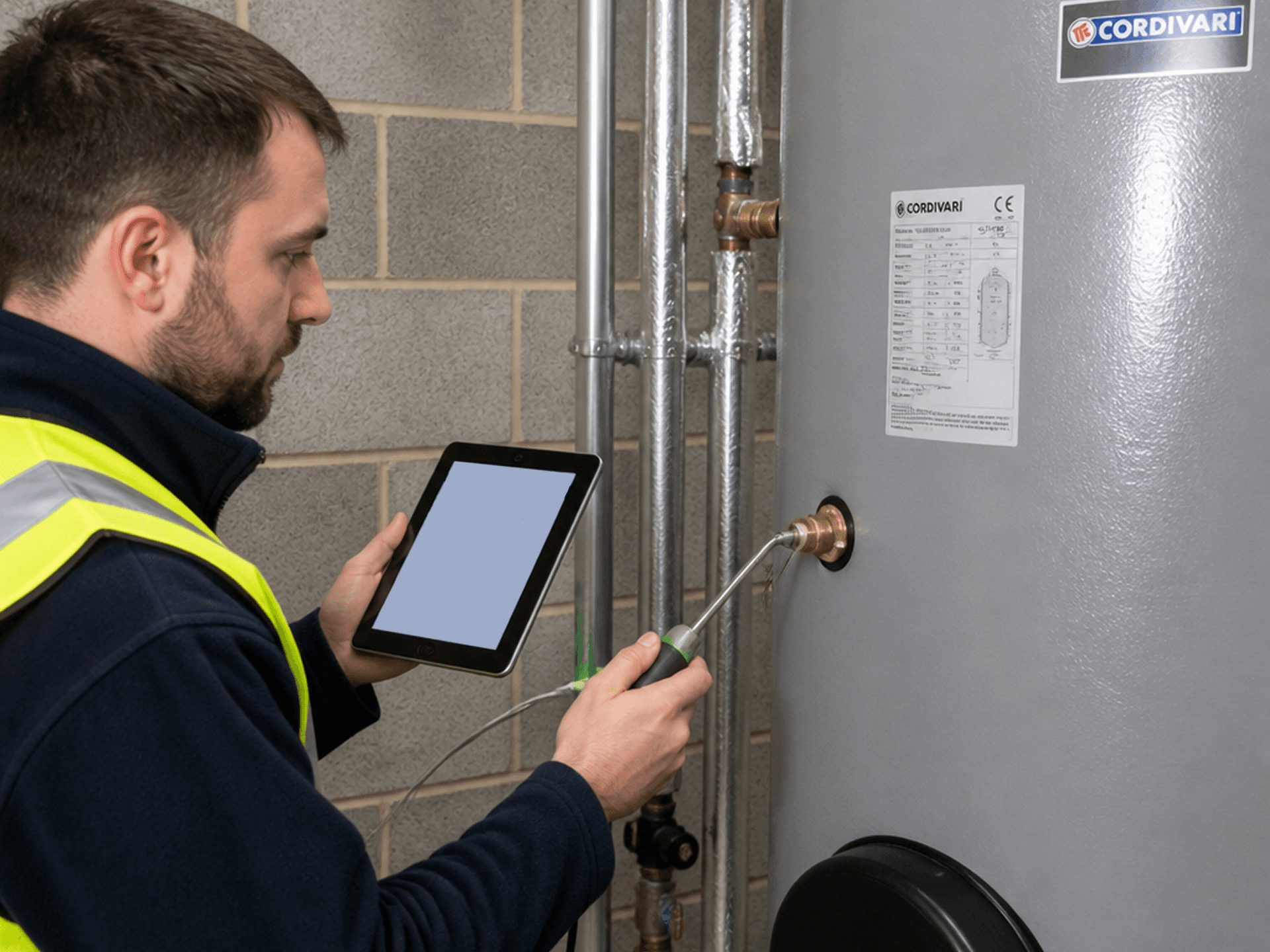 Water hygiene engineer logging a temperature check on a tablet